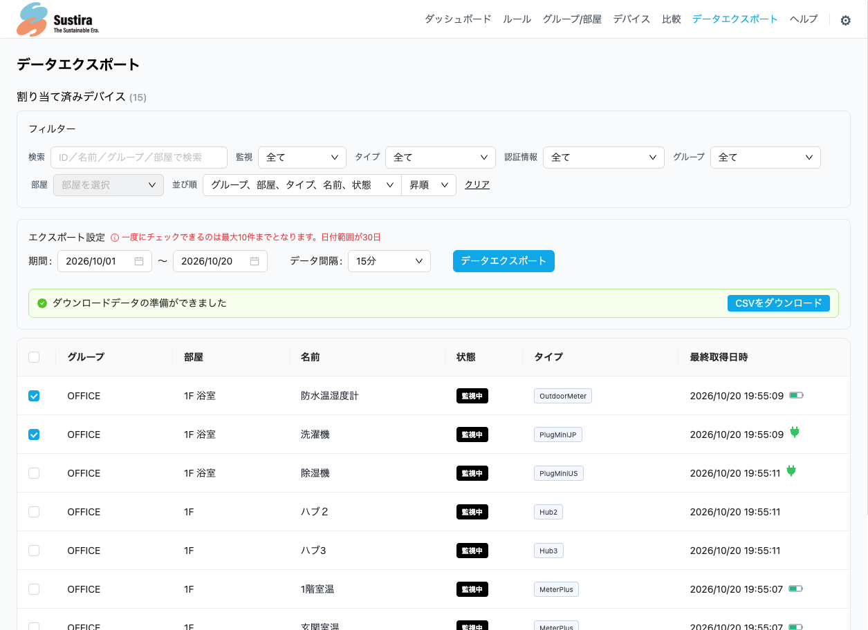 Sustiraのデータエクスポート画面。デバイスにチェックを入れ、期間とデータ間隔を選んでCSVを出力する