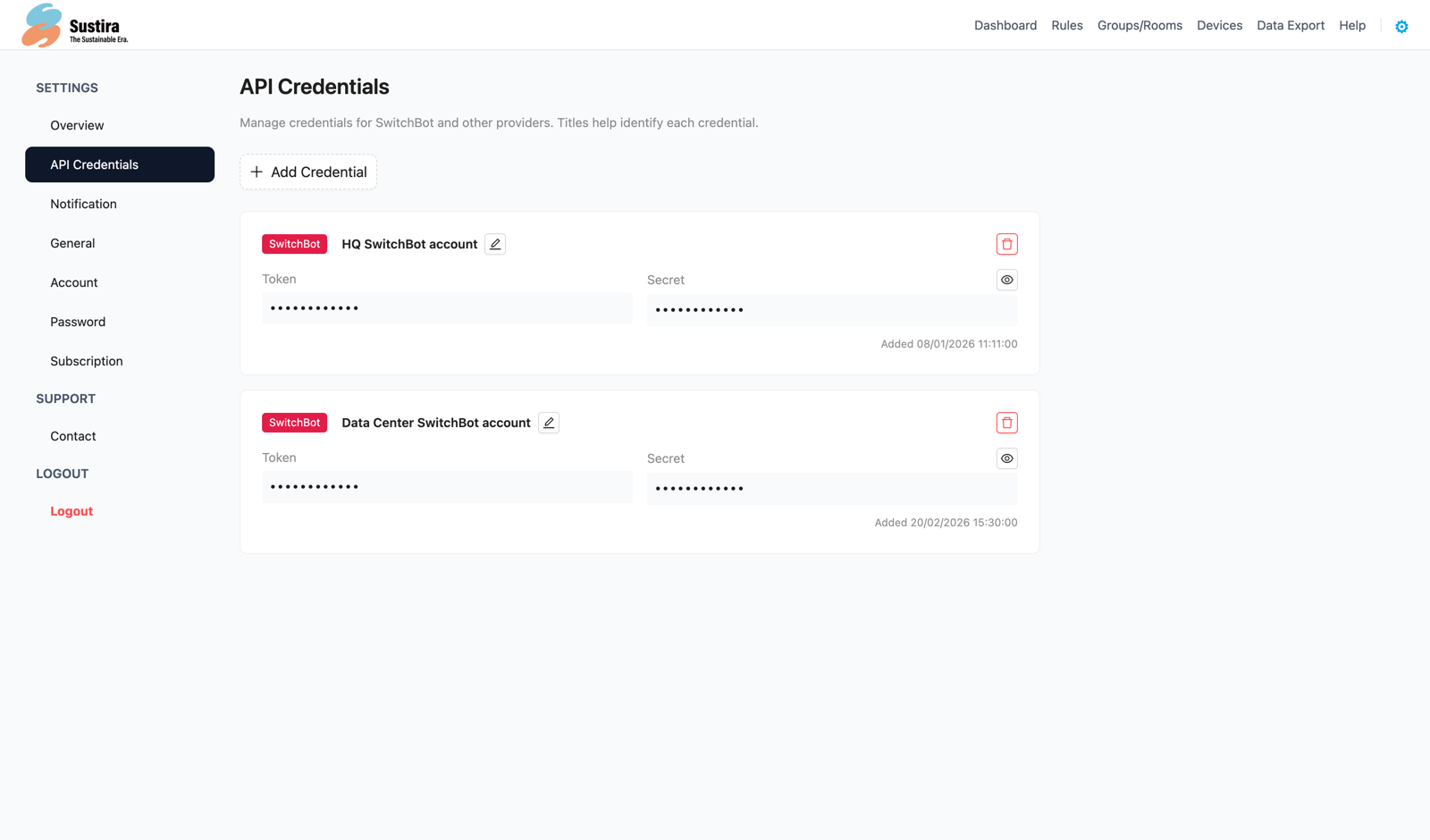 Settings — API credentials